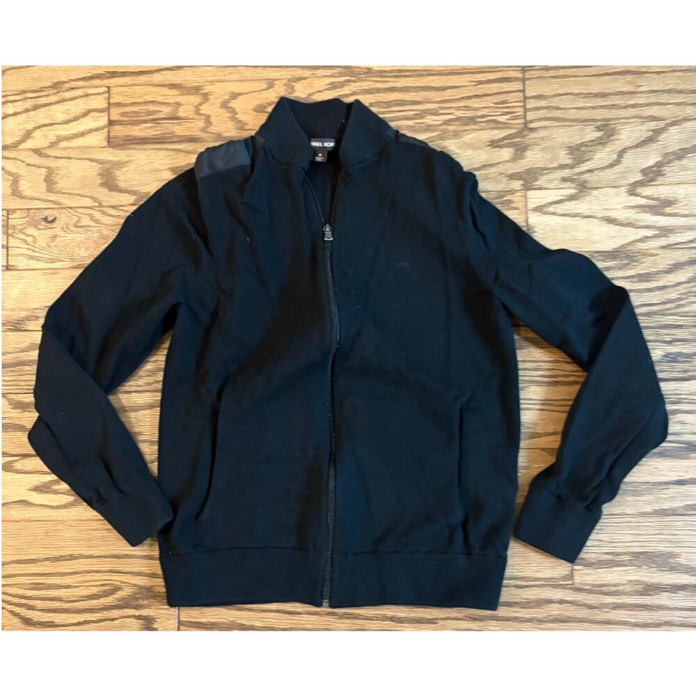 Michael Kors Full Zip Sweater Jacket Mens Size Medium Black Blade Collar Pockets